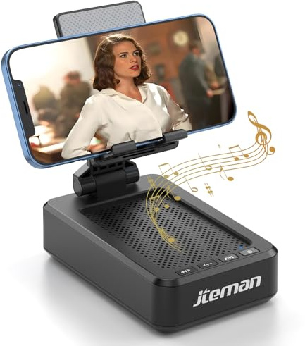 JTEMAN Cell Phone Stand with Bluetooth Speaker, HD Stereo Sound & Anti-Slip Base, Foldable Adjustable Desktop Phone Holder for Home Office, Cool Tech Gadgets Birthday Gifts for Men Women (Black)