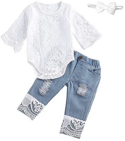 koramesis Baby Girl Clothes Set Lace Ruffle Romper Flare Denim Jean Pants and Headband 3Pcs Set Newborn Infant Outfits Set (White Straight, 3-6 Months)
