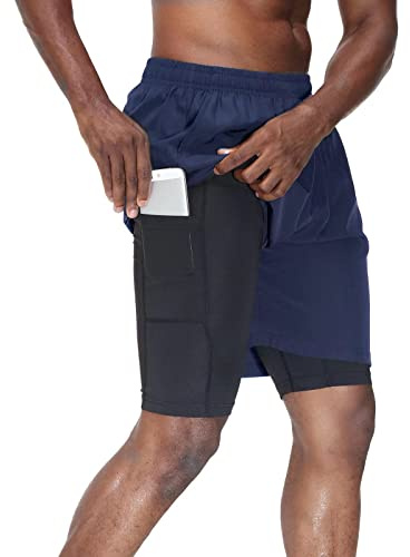 HMIYA män 2 i 1 shorts fitness sportbyxor korta joggingbyxor snabbtorkande löpbyxor med kompressionsshorts och fickor blixtlåsfack, marinblå, 3XL