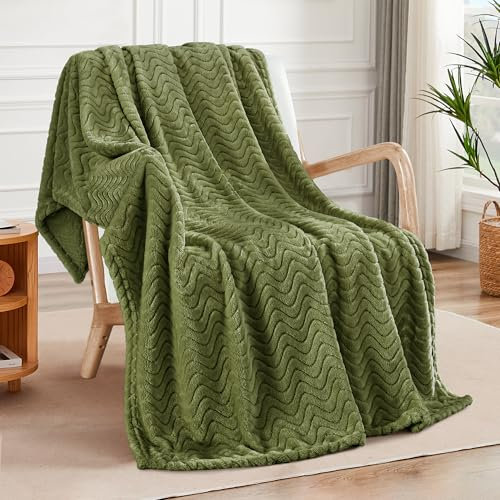 Exclusivo Mezcla Large Flannel Fleece Throw Blanket, 127x178 CM Sofa Throws, Soft Jacquard Weave Wave Pattern Throws for Sofa, Olive Green Blanket