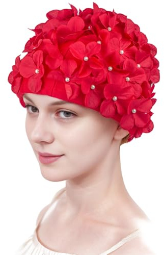 Medifier Cuffia da bagno in stile retrò con petali floreali, antiscivolo, per donne e ragazze (rosso)