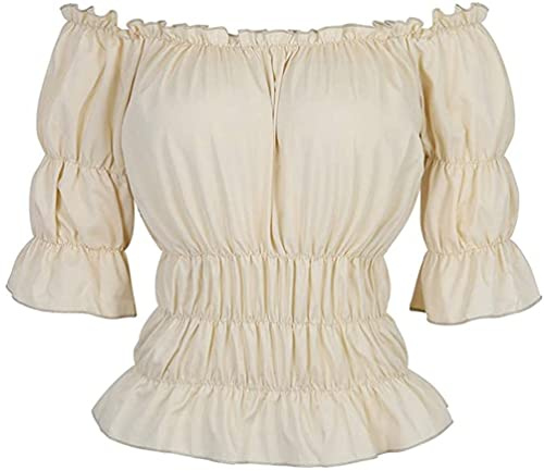 Hengzhifeng Steampunk Renaissance Blouse Women Half Sleeve Boho Off Shoulder Peasant Shirt (UK 12-14,Beige)