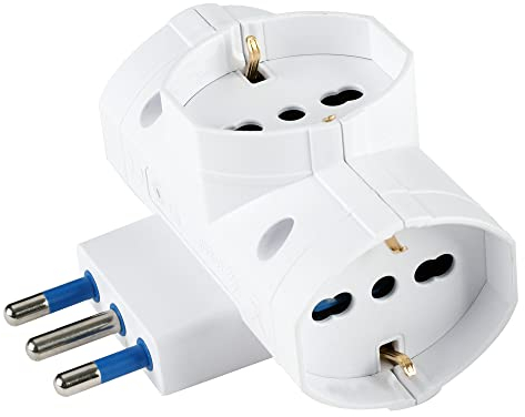 POLY POOL,PP2349X Adattatore Spina Italiana Grande Adattatore con 3 Prese Pluristandard 10-16A (Standard Italiano 10A e Tedesco 16A Terra Laterale) e Spina 16A Adattatore Multipresa, Bianco, 1 PEZZO