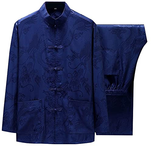 Diwimiki Chinese Tang Suit for Men Kung Fu Uniform Shirt and Pants Traditional Clothes Hanfu Tai Chi Clothes, Blue, XL
