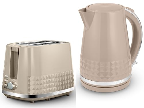TOWER Solitaire Latte 1.5L 3KW Jug Kettle & 2 Slice Toaster. Matching Modern Design Kettle & Toaster Set in Latte with Chrome Accents