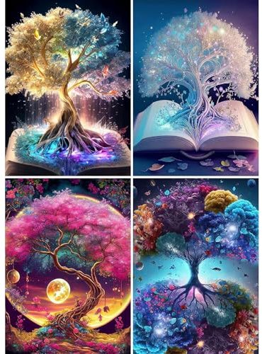 Eviznbou Diamond Painting Full Set, 4 Stück 5D Diamant Painting Bilder Baum mit Diamond Painting Zubehör DIY Diamant Malerei für Wohnzimmer Schlafzimmer Büro Wand Und Eingang Dekoration