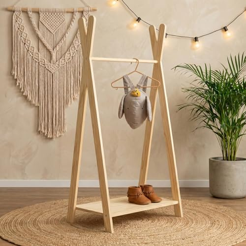 smartwood Portant a Vetement TIPI XL 140x103x36 cm - Portant Montessori en contreplaqué de pin FSC avec Barre de Penderie & Étagère - Porte Manteau Enfant avec Capacité de Charge jusqu’à 30 kg