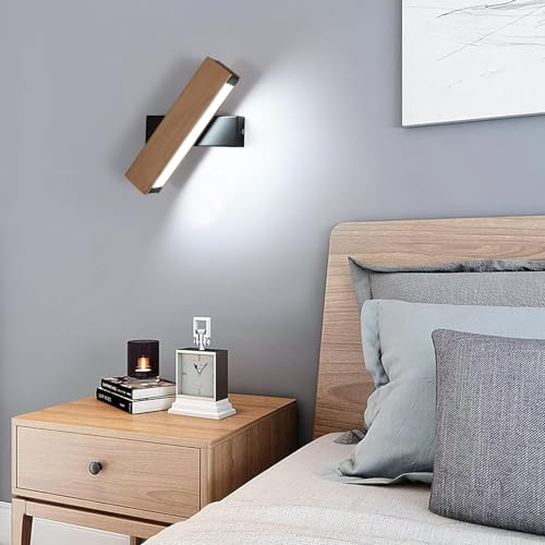 SENQIU Apliques de Pared Interior, 6500K Luz Blanca Fría Moderna Lámpara de Pared LED Diseño de Madera Natural, Giratorio 360°, Aplique LED para Dormitorio Salón Pasillo Balcón