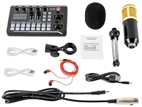 Juego de tarjetas de sonido con micrófono condensador, interfaz de audio, tarjeta de sonido en directo para streaming/podcasting/grabación