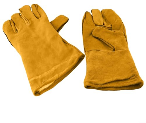Oniissy Gants de soudage, résistants à la chaleur et au feu, gants de soudeur en cuir de vache, gants de soudeurs, gantelets, gants de barbecue, four à bois, gants de gril longs doublés, jaune