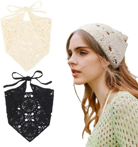 Norhogo 2 Stück Turban Krawatte Haarbänder Elastisches Haarschal, Baumwolle Handgemacht Häkel Stirnband Dreieck Bandana, Damen Boho Stirnbänder Dreieck Kopftücher für Frauen und Mädchen, 2 Farbe