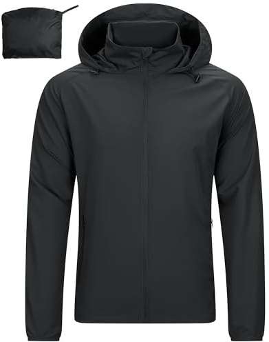 33,000ft Mens Lightweight Water Resistant Jackets Windproof Hiking Jacket Packaway Rain Coats Windbreaker For Running Cycling Casual Black 2XL