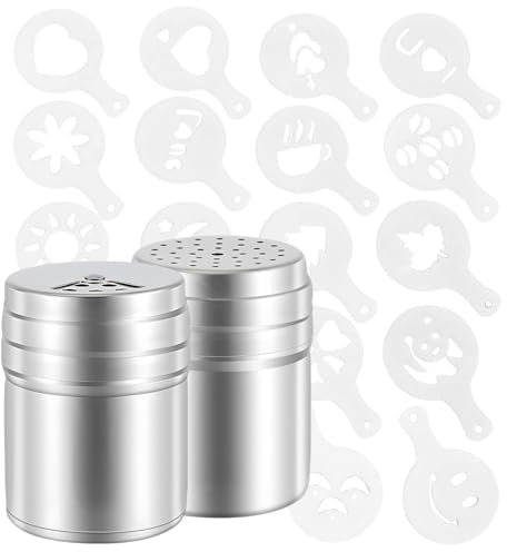 2Pcs Flour Sugar Salt Shaker Stainless Steel Powder Shaker with Adjustable Lid Stainless Steel Chocolate Dredges with 16 Moulds for Baking Cooking, Sugar Salt Pepper Cocoa Chocolate