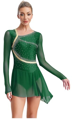 Aislor Vestido De Patinaje Artístico Mujer Maillot Brillante De Manga Larga Ropa De Baile Moderno para Fiesta Actuación Verde S