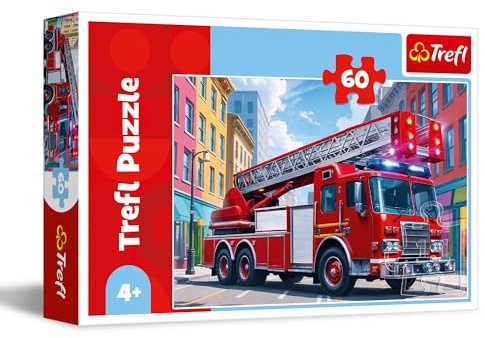 Trefl - Un Camion de Pompiers - Puzzle 60 Pièces - Puzzle coloré avec des Personnages de Bande Dessinée, Divertissement Créatif, Loisir pour Les Enfants à partir de 4 Ans