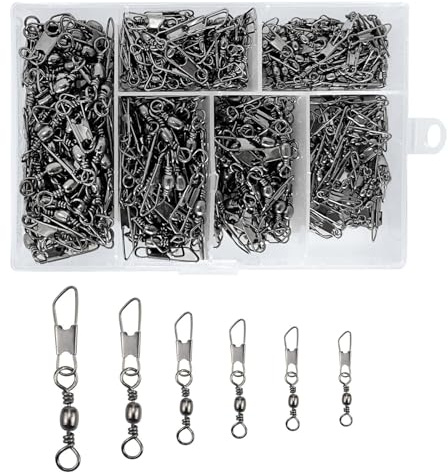 QMLING 300PCS Fishing Swivels and Clips, 6 Sizes Stainless Steels Safety Fishing Snaps Swivels, Sea Fishing Swivels for Quick Change Swivels Fishing Hook to Line 5# 7# 8# 10# 12# 14#