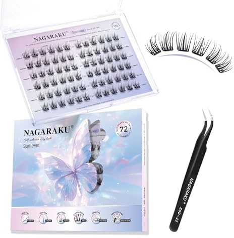 NAGARAKU Pestañas Autoadhesivas con Pinzas Kit, 72 Fans Una Sola Pieza Finas Láminas Adhesivas Sin Pegamento Ni Removedor Reutilizables Aspecto Natural Para Todas Las Formas De Ojos (C Curl Sunflower)