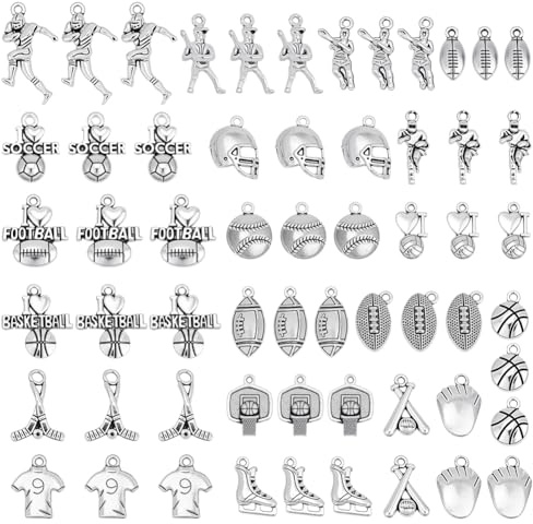 CRAFTYMELODY Breloques de Sport en Alliage 120 styles Batte de Joueur de Football Rugby Basket Ball Perles de Sport Breloques Pendentifs de Joueur de Rugby en Argent Antique
