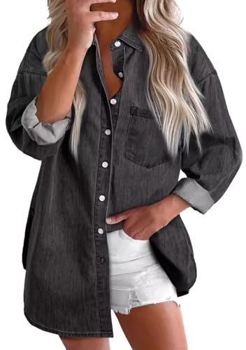 Damskjorta denim damer överdimensionerad ledig buttdown jeansblusar pojkvän lösa långärmade toppar (grå, XXL) linne femme linne