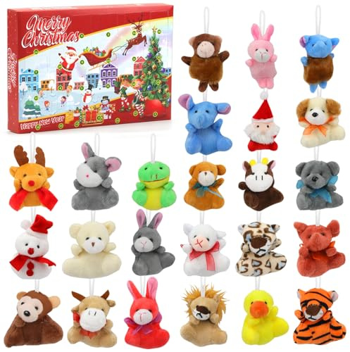 2025 Adventskalender mit 24 Mini Plüsch Stofftieren – Adventskalender Spielzeug Überraschung für Jungen und Mädchen, Weihnachtskalender Plüsch Blind Box Geschenkidee Mini Animal Plush Advent Calendar
