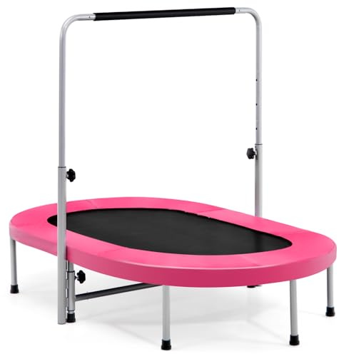 GYMAX Trampoline Enfants Adultes, pour Loisir et Fitness, Poignée Réglable 92-132cm, Coussin de Sécurité, Design Pratique Pliable, Pieds en Acier, Patins Antidérapants, pour Intérieur et Extérieur