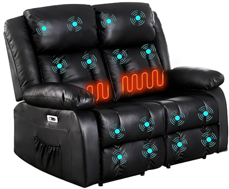 LSLIFE 2 Seater Electric Recliner Armchair with Massage & Heat, 2 + 1 Sofa Set Suite, Black Recliner Chair with Adjustable Footrest & Backrest, USB Ports, Dual Side Pocket