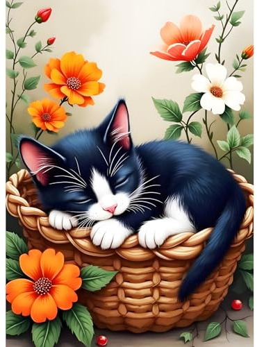 DPHERO Sleeping Cat Diamond Painting Kits for Beginners Adults,5D DIY Cute Kitten Diamond Art Kits,Round Full Drill Flowers Gem Art Crafts,DIY Painting by Numbers for Home Wall Decor 12x16 inch
