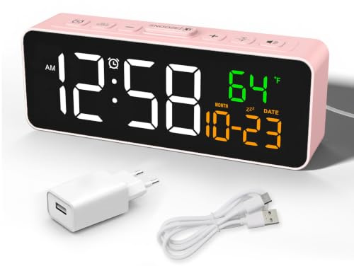 Netzu Digital väckarklocka, liten, nattduksväckarklocka med temperaturvisning, datum, 4 ljusstyrka, 3 volymer, snooze, 12/24 timmar, högljudd väckarklocka för vardagsrum, sovrum (rosa)