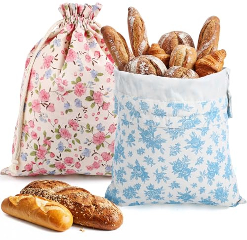 Gandeer 2 Pcs Reusable Bread Bags Set for Homemade Sourdough Bread 17x 13 Cute Reusable Moisture-proof Lined Food Storage Bags, Baking Accessories, Keeps Your Loaf Fresh for Days(Beautiful Floral)