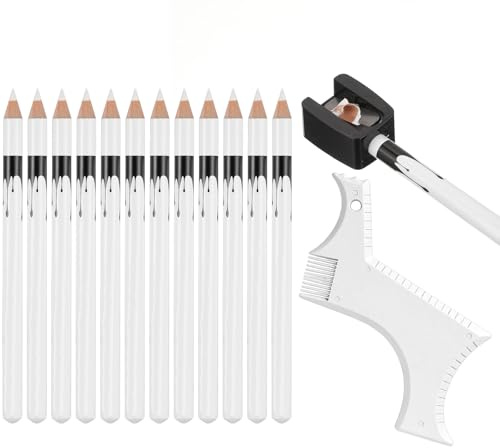 Qianyu 14 Pcs White Barber Pencil Beard Shaper Tool Kit Hairline Beard Guide Shaping Pencils Edge Hairline Razor Trace Pencils with Sharpener Ruler for Men Beards Hair Makeup Design