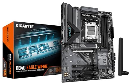 GIGABYTE B840 Eagle WIFI6E AMD AM5 ATX Motherboard, Support Ryzen 9000/8000/7000 Series, 8+2+2 Power Phase, DDR5, 3X M.2, PCIe 4.0, USB-C 3.2 Gen 2, WiFi 6E, 2.5GbE LAN, EZ-Latch, 3-Year Warranty