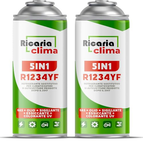 Ricaria Clima 5-en-1 – 2X Réfrigérant R1234yf pour Climatisation Auto avec Huile, Stop-Fuite, Traceur UV Et Déshydratant – Application Rapide – Protège Le Compresseur – 235 g Chaque Boîte