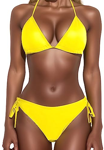 Traje de baño Mujer 2 piezas Bikini de cintura alta Push up Sexy Beach Triángulo Chic Acolchado Verano Encaje Piscina Vintage Volantes A146