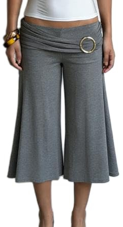 Felcia Pantacourt pliable pour femme - Taille basse - Jambes larges - Décoration en métal - Capris d'été mignon - Gaucho fluide - Streetwear, gris, L
