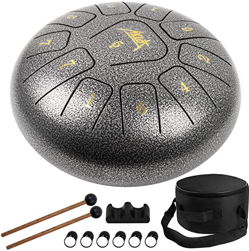 Steel Tongue Drum, AKLOT 10 inch 11 Notes Tank Drum C Key Percussion Steel Drum Kit w/Drum Mallets Note Stickers Finger Picks Mallet Bracket and Gig Bag