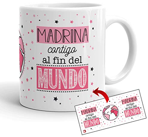 Kembilove Taza la mejor Madrina del mundo – Taza con Mensaje Madrina contigo al Fin del Mundo – Regalo hermana original – Regalos originales para cuñados – Tazas Originales para Familiares