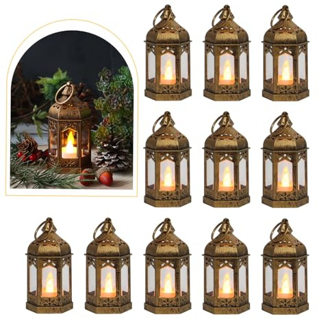 LLQ 8Pcs Mini Lantern with LED Tealight, Vintage Brown Lanterns Decorative, Hanging Candle Lanterns for Halloween Christmas Wedding Table Centerpiece Indian Decor, Garden Fairy Party Decorations