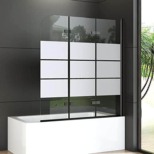 Duschwand für Badewanne 130x140cm 3-teilig Faltbar Schwarz, Glas Duschabtrennung mit 6mm Gestreift Sicherheitsglas Badewannen Badewannenaufsatz Duschtrennwand, Badewannenwand Duschwand