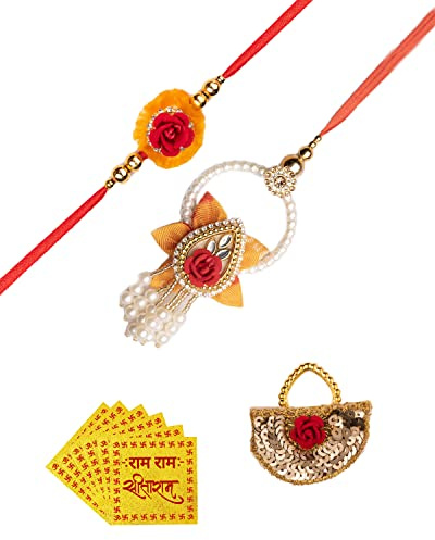 Amelia Rajasthani Premium Rakhi Combo | Med Armband Stil Lumba och Elegant Rakhi | Traditionell Rakhi Lumba Set för Bhai Bhabhi | Designer Rakhi Combo Set, En storlek