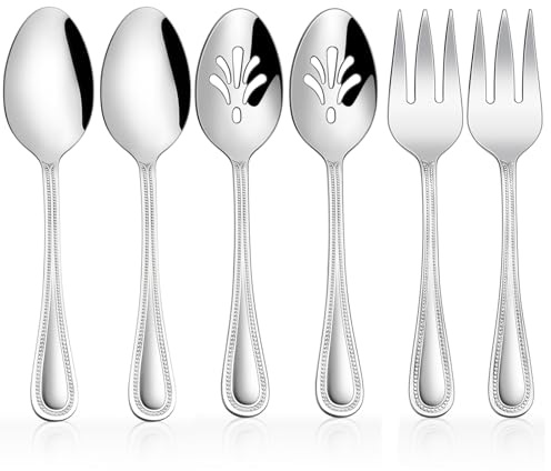 HaWare 6 Pieces Serving Set, Stainless Steel Silverware Serving Utensils, Pearled Edge Hostess Silverware for Buffet Party Kitchen Restaurant, Mirror Finished & Dishwasher Safe