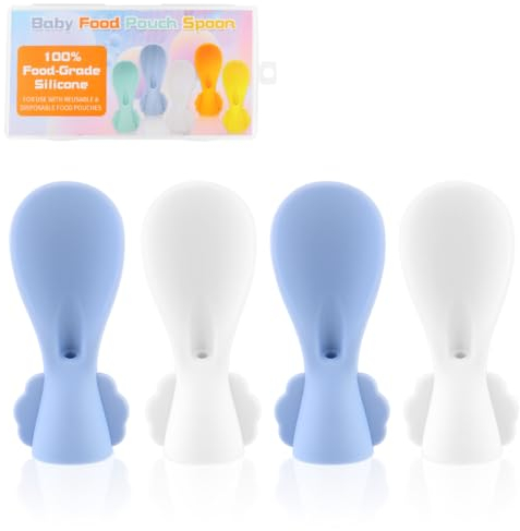 MUQZI Quetschies Löffel, 4Pack Silikon Baby Quetschie Babylöffel Squeeze Feeder Löffelaufsatz für Quetschbeutel, Quetschie Löffel, Babylöffel Quetschieaufsätze, Blau+Weiß