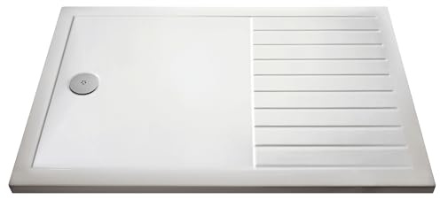 Balterley 1400 x 900 Rectangular Shower Tray with Raised Anti-Slip Lines, Slimline Shower Trays, Durable Stone Resin Base Trays for Bathroom Enclosure, Central Waste Tray for Wetroom Showers (White)