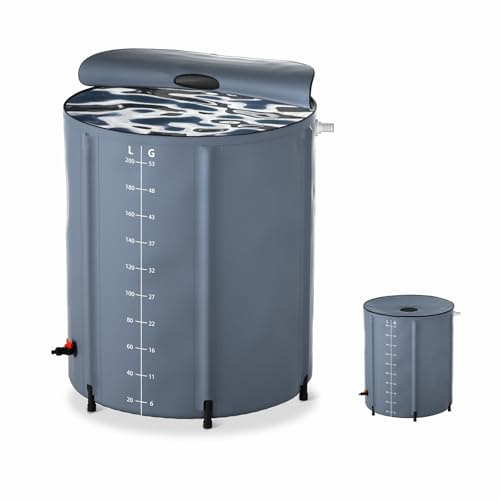 Aufun Regnvattentunna, vattentank, 200 l regntunna vikbar, med dräneringsventil och volymskala, enkel förvaring, rostfri och väderbeständig (grå)