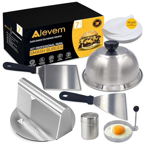 Kit SMASH BURGER Smasher Hamburguesa 7 Piezas Profesional | Smash Burger Kit Aplastador de Hamburguesas con Certificado EU Contacto Alimentos | Burger Press Aplasta hamburguesas Prensa Hamburguesas