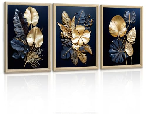 FajerminArt 3 Panels Modern Framed Canvas Wall Art Navy Blue Gold Flowers Coconut Leaves Pictures Painting on Canvas Prints for Living Room Bedroom Office Wall Decor Stretched On Frame 30x40cmx3 Pcs