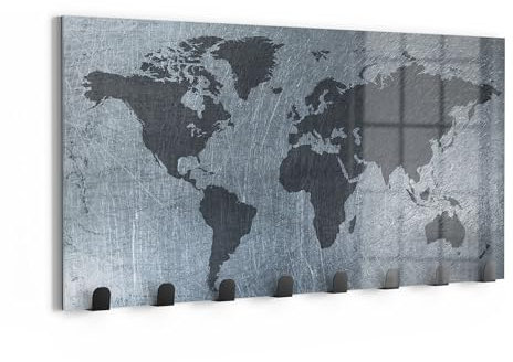 DEQORI Appendiabiti da parete in vetro e metallo, motivo mondo forgiato, 60 x 30 cm, design moderno, pannello appendiabiti per corridoio, soggiorno e camera da letto, magnetico e scrivibile