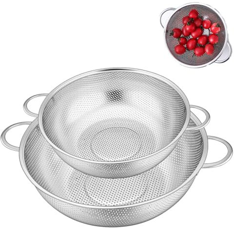 Lot de 2 passoires de cuisine avec poignées, passoire à pâtes, diamètre 22 cm, passoire en acier inoxydable de 19 cm, pour égoutter les pâtes, les légumes et les fruits,le riz, passe aulave-vaisselle