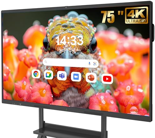 JASZDOT 75'' Smart Board, 4K UHD Lavagna Interattiva Digitale PC Touchscreen Wireless Android OS per Aula, Casa, Ufficio e Studio Supporto WiFi, HDMI, Bluetooth (con supporto a parete)