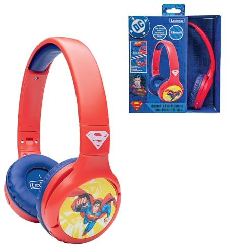 Lexibook, Superman, Bluetooth-hörlurar, HPBT010SU | 2-i-1 Bluetooth och sladd, volymbegränsad, fällbar, justerbar, röd/blå