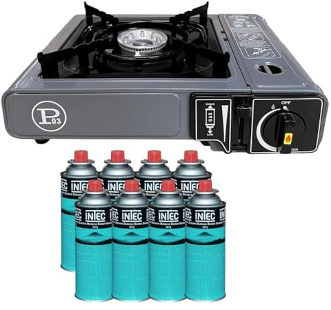 INTEC - Réchaud Gaz Portable 1 Feu 2,2 KW + 8 Cartouches gaz Butane incluses Allumage Piezo – Camping Randonnée Cuisine Extérieure
